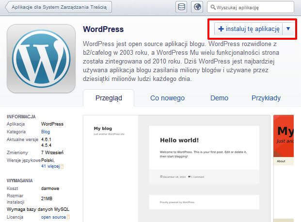 Kreator instalacji aplikacji WordPress