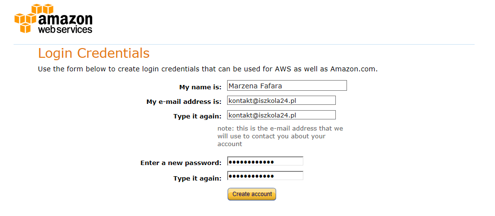 Dane logowania do konta Amazon AWS