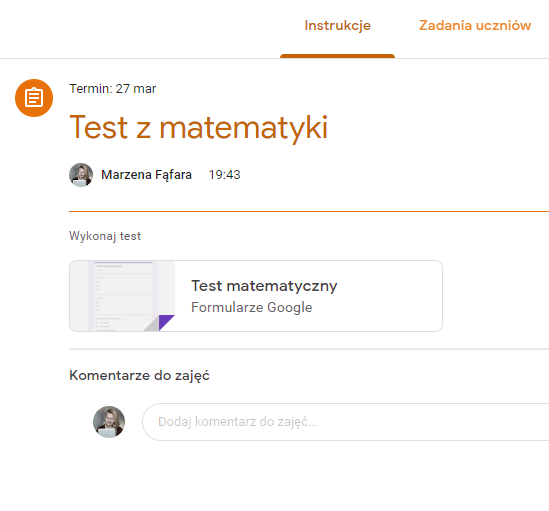 Test z formularzem Google w Google Classroom